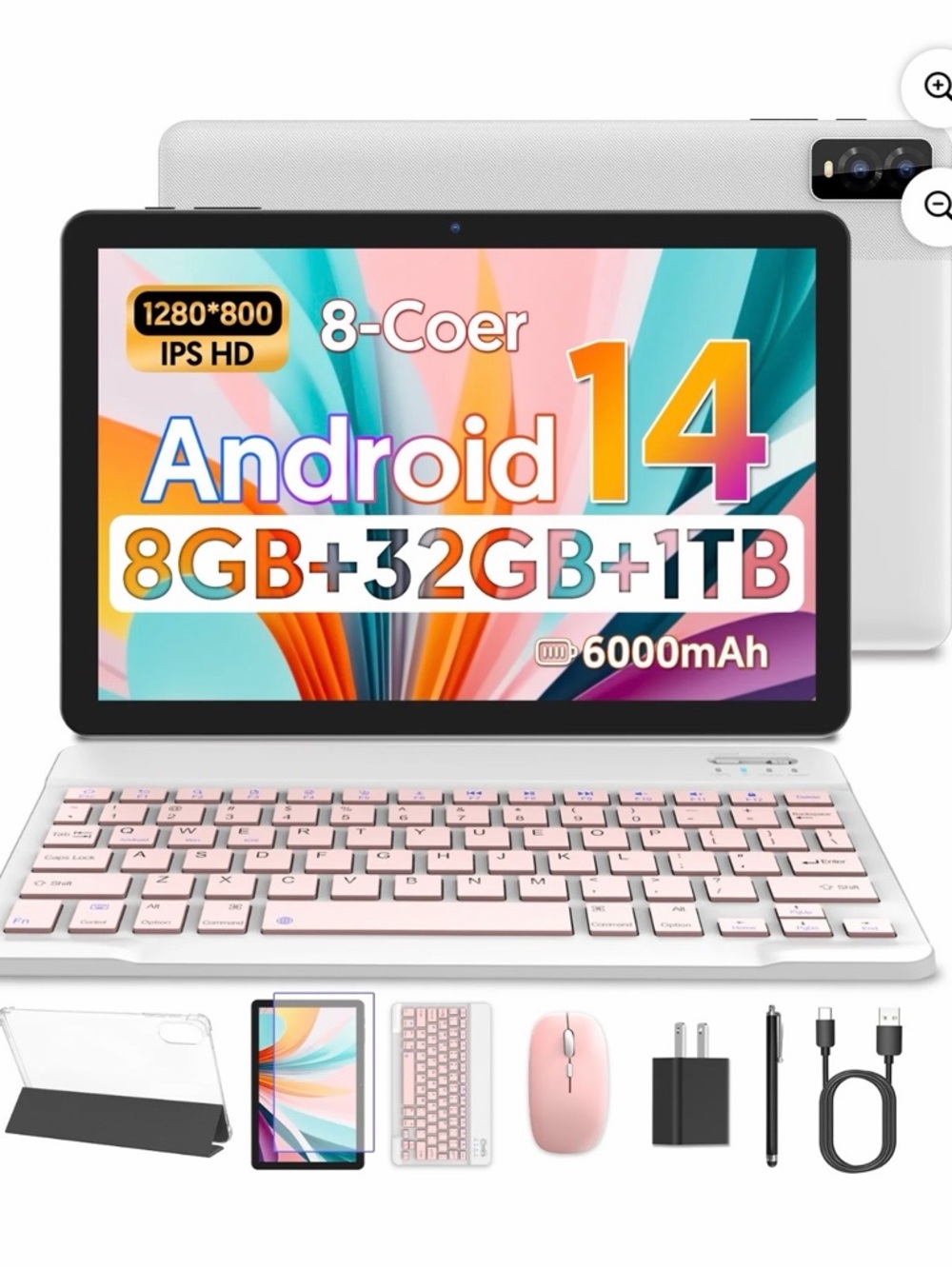 Android 14 Tablet with Pink Keyboard & Mouse - 8GB RAM, 32GB + 1TB Storage